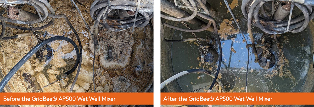 image showing before an after results from wet well mixing in a lift pump station