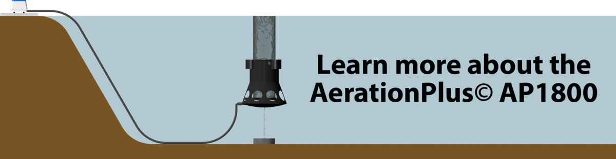 diagram showing basic deployment for the AerationPlus© AP1800 Pond Circulator