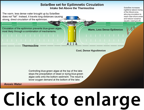 diagram showing how hypolimnetic withdrawal works with a SolarBee Lake Circulator