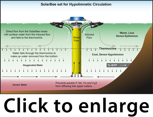 diagram showing how hypolimnetic withdrawal works with a SolarBee Lake Circulator