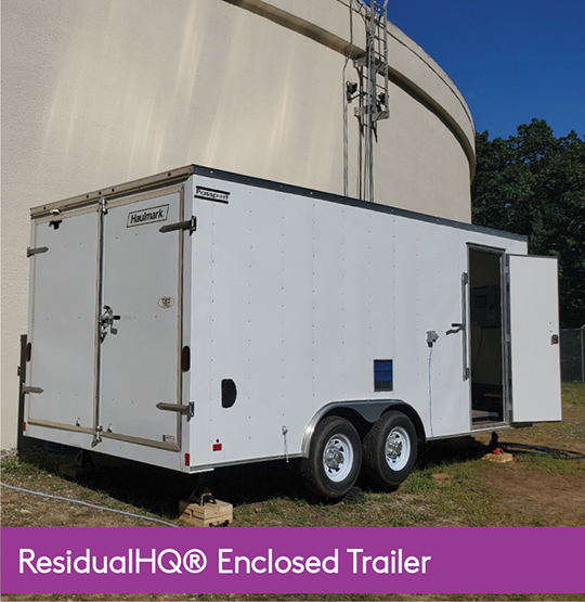 ResidualHQ® Automated Disinfectant Control System Enclosed Trailer iage showing the ResidualHQ® Enclosed Trailer outside a distribution tank location