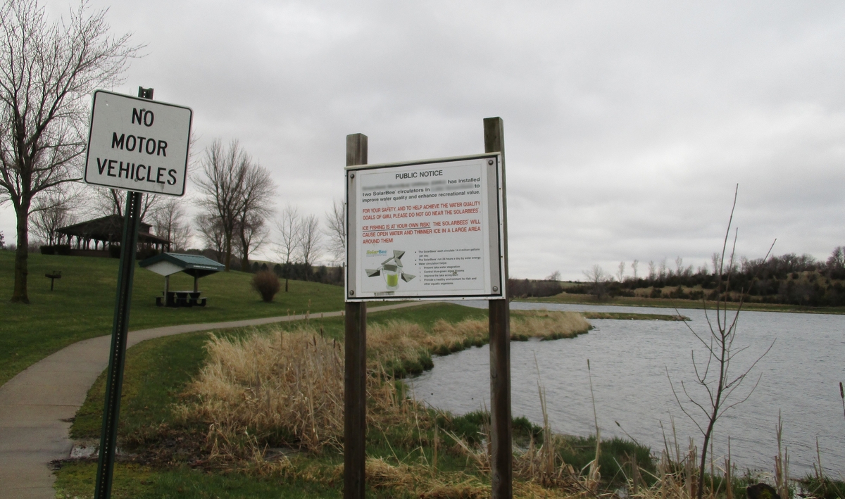 Public Notice signage detailing SolarBee® Lake Circulator deployment