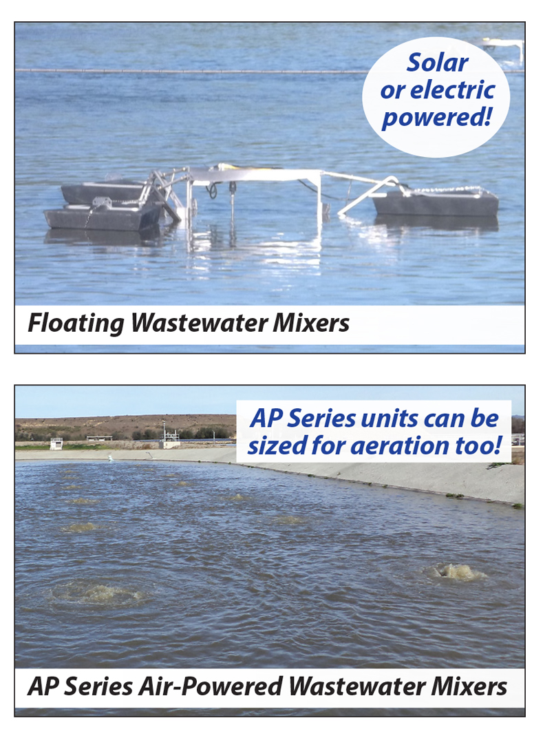 Floating and air-powered mixing options compilation image showing floating and air-powered wastewater mixers